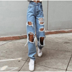 Rebitud Vintage Naiste teksap&uuml;ksid Kulumisj&auml;lgedega Streetwear Auguga Hip Hop K&otilde;rge v&ouml;&ouml;kohaga P&uuml;ksid Moodsad Sirged Denim P&uuml;ksid Suvi Jean S sinine