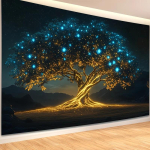 Helendav Elupuu Seinavaip, Maagiline Kuldne Sinine Valguspuu Seinakate Magamistoa & Elutoa jaoks 150X200CM brown