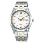 SEIKO SELECTION SBPX085 meeste k&auml;ekell valmistatud Jaapanis p&auml;ikeseenergial t&ouml;&ouml;tav safiirklaas kuup&auml;ev p&auml;evakalender h&otilde;bedane kollane kuld valge sihver roostevaba teras white