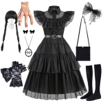 Wednesday Addams Vintagepitsiline gooti maksikleit t&uuml;drukutele 3&ndash;8-aastastele Set D,130 black