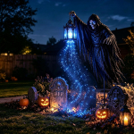 Surmaingel animeeritud aiavalgusti, Hingekorjaja Halloweeni aiavalgusti, Halloweeni &otilde;uekaunistus helendava kummituse ja laternaga blue