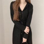 Elegantsed kootud kleidid naistele S&uuml;gistalv Korea pikkade varrukatega, lahtik&auml;iva kraega A Line kampsun Midi kleit v&ouml;&ouml;ga One size must