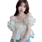 Naiste l&uuml;hikeste puhvisvarrukatega T-s&auml;rk Sifonki l&uuml;hikeste puhvisvarrukatega hingav aprikoos, magus kandiline kaelus One size