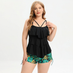 Suures suuruses naiste ujumistrikoo Floral Ruffle Spa k&otilde;rge v&ouml;&ouml;kohaga bikiinikomplekt rannariiete ujumiskost&uuml;&uuml;mid 5XL must