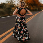 Suvine lilleline boho naiste elegantne vintage pikk maksikleit Seksikas seljataga peokleit p&auml;ikesekleit S must