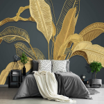 Must ja kuldne banaanilehtede tapeet troopilised taimed 3D seinamaal Taimede lillede seinamaaling elutuppa 200 cm(W) x 140 cm(H)