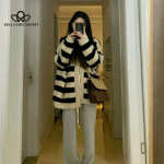 Kontrastne triibuline sviiter naiste kevaduus uus lahtine kootud kardigan One size must