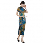 Lady Cheongsami sile kleit, liibuv hiina, v&ouml;&ouml;kohaga, maastikuga maalimine, printimine poolitatud &auml;&auml;ris, traditsiooniline qipao XL kollane