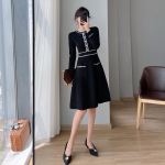 Korea &scaron;ikk s&uuml;gistalvine naiste A-jooneline kaelusega kleit, valge must kuduv Bodycon kleit Elegantne kontorinaise naiselik kootud kleit L must