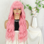 MERISIHAIR S&uuml;nteetilised pikad roosad parukad tukkidega Naturaalsete laineliste juustega parukas naistele, igap&auml;evane Cosplay kuumakindel 65cm