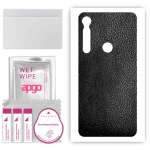 apgo Protective Skin Sticker for the back compatible with Motorola One Macro, Wrap Film, Foil, Vinyl - Pattern Black Leather