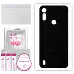 apgo kaitsev nahakleebis seljale, mis &uuml;hildub Motorola Moto E6i-ga, &uuml;mbriskile, foolium, vin&uuml;&uuml;l &ndash; mustriga mattmust