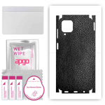 apgo kaitsev &uuml;mbriskleebis tagak&uuml;ljele ja k&uuml;lgedele, &uuml;hildub Samsung Galaxy F12-ga, t&auml;iskile, foolium, vin&uuml;&uuml;l - must nahkmuster