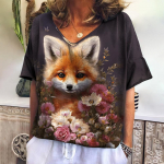 2024. aasta uus vintage naiste T-s&auml;rk Multikas Fox Print Plus Size Naiste trendir&otilde;ivad Moodne l&uuml;hikeste varrukatega s&auml;rk naiste V-kaelusega pluus L