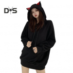 Naiste s&uuml;gistalvine kapuuts Cartoon kassi k&otilde;rva kapuutsiga Pingutuspael Paks sviiter lahtiselt &uuml;hev&auml;rviline elastne mansett keskmise pikkusega soe naiste kapuuts M must