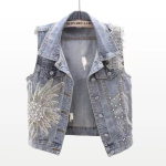 Naiste Kevad-Suvine L&uuml;hike Disain Lilleline Denim Vest N&ouml;&ouml;pidega Vana Isikup&auml;rane T&ouml;&ouml;le Sobiv Top XL gray