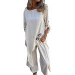 Naiste ebakorrap&auml;rane k&otilde;rge ja madala &auml;&auml;rega kaheosaline komplekt O-kaelusega, l&otilde;hikuga &uuml;laosaga ja laiade jalgadega L beež