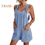 Naiste varrukateta suvine vabaaja l&uuml;hikesed kombinesoonid, taskutega puuvillased tunked. Rannar&otilde;ivad reisipuhkuseks L heleroheline v&auml;rv