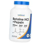 Beetainvesinikkloriid ja Pepsiin, Betaine HCl + Pepsin, Nutricost 240kaps (72647008) 240caps
