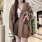 Korea mood Naiste laisk tuul avaralt liibuv V-kaelusega kardigan, kuduv kampsun, naiste uus Korea kardiganid, kudumid, mantel XL kaamel