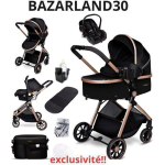 BAZARLAND30.Poussette combin&eacute;e 3-en-1si&egrave;ge auto,nacelle, ultra l&eacute;g&egrave;re (env. 7 kg), habillage pluie, moustiquaire.NOIR/OR must