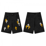 2517 CHROME HEARTS Meeste Mustad Denim L&uuml;hikesed P&uuml;ksid Kollased ja Valged Ristikujulised Plaastrid Loivad Streetwear Jorts 28