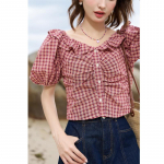 Mishow naiste 2023. aasta suvine pluus, uued volangid, punane ruuduline, puhvis varrukas, vabaaja, pehme ja elegantne naiste pulovertopid MXC37X1271 S