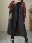Johnature Naiste Vintage Denim Patchwork Trench V-kaelusega pikkade varrukatega n&ouml;&ouml;p S&uuml;gissed lahtised taskud Kootud Trench-mantlid One Size hall v&auml;rv