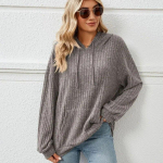 Winter Pit Triibulised kootud kapuutsid jakk Naiste tasku Pullover Kapuutsiga Naiste avar mood Soliidne vabaaja Pusad Mantel 30115 S tumehall v&auml;rv