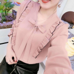 Naiste kevadine uue stiiliga Korea mood Bow pikkade varrukatega pluus Slim salendav s&auml;rk Sobiv &scaron;ifoons&auml;rk L roosa