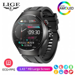 LIGE uus meeste nutikell EKG+PPG temperatuuri tuvastamine s&uuml;dame l&ouml;&ouml;gisageduse tervise j&auml;lgimine nutikas k&auml;ev&otilde;ru AMOLED 1,43-tolline t&auml;ispuutetundlik Bluetooth-nutikell Silicone  strap must