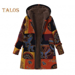 Naiste talvemantel Retro lilleprinteriga kapuutsiga paks pl&uuml;&uuml;sis lukuga soojust hoidev pikad varrukad keskmise pikkusega taskud vaba aja igap&auml;evaseks kandmiseks jakk M punane