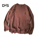 Meeste s&uuml;gistalvine kampsun, rebitud auguga &uuml;hev&auml;rviline &uuml;mmargune kaelus, kootud retro jaapani stiilis keskmise pikkusega avara pikkade varrukatega pehme soe pullover Meeste kampsun L tumepruun v&auml;rv