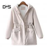 S&uuml;gistalvine naiste mantel kapuutsiga paks pl&uuml;&uuml;s &uuml;hev&auml;rvilised taskud, soojad t&otilde;mblukuga suletavad pikad varrukad kardigan vaba keskmise pikkusega hubane naiste jakk Trench-mantel L khaki