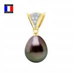 Compagnie G&eacute;n&eacute;rale des Perles - Pendentif Diamants 0.10 Cts V&eacute;ritable Perle de Tahiti Poire 9-10 mm Or Jaune 18 Cts - Bijou Femme
