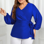 Naiste suures s&uuml;gises New Fashion V kaelusega pitsiline pikkade varrukatega topp 1XL sinine