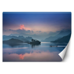 Taustapilt vaatega j&auml;rvele ja m&auml;gedele udus 100x70 sinine