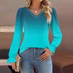 Women's Daily Casual Long-sleeved Striped Printed v-neck Top XXXL