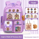 Kapibaara Koolikott: Suure Mahutavusega, Kerge Seljakott 1.-6. klassile, Ideaalne Poistele ja T&uuml;drukutele Large + 3 cards + badge + pendant + tutorial bag lilla