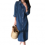 Naiste teksapluuskleit &uuml;les keeratavate pikkade varrukatega, n&ouml;&ouml;bitav, maksikleit, suvine, vabaaja, rev&auml;&auml;riga, lahtine, A-l&otilde;ikeline, teksakleit taskuga M tumesinine v&auml;rv