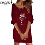 QICED Naiste moe kevad-s&uuml;gis &uuml;hev&auml;rvilised kleidid pikkade varrukatega V-kaelusega k&otilde;rge v&ouml;&ouml;kohaga vabaajakleidid S