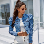 Benuynffy Vintage Puhvispikkade Varrukatega L&uuml;hike Denim Jakk Naistele Kevad S&uuml;gis &Uuml;he Rinnaga Mantel Naiste &Uuml;ler&otilde;ivad Vabaaja Denim Jakid L tumesinine v&auml;rv
