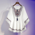 Naiste Suvepluusid &Uuml;lisuured Retro Boho Stiilis Tikandiga Pluusid Top Vaba Puuvill Pits&auml;&auml;ris Nahkhiirevarrukatega S&auml;rk XXXXL