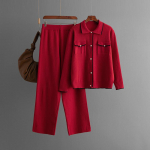 Prantsuse stiilis kudum 2-osaline kost&uuml;&uuml;m naistele, imitatsioon taskutega &uuml;he n&ouml;&ouml;biga polokrae top+pikad p&uuml;ksid, moekas kaheosaline komplekt One Size