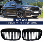 2PCS Gloss Black Double Line Dual Slat Grille Racing Grill for BMW X1 F48 F49 2016- XDrive Front Bumper M style Car