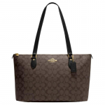 COACH &otilde;lakott Gallery 37 Klassikaline triibuline logoplaaster Kaetud l&otilde;uend ja sile nahk K&auml;sikott ostukott Crossbody Tavaline suur suurus must