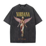 Nirvana Rockib&auml;nd Unisex Retro Puuvillane Pesemistega T-s&auml;rk In Utero Album Meeste Naiste &Uuml;le suurusega YK Kulumisefektiga T-s&auml;rk Vabaaja L&otilde;tv Streetwear XL gray