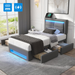 Polsterdatud voodi 90x200 cm, USB-port (toetab juhtmevaba ja juhtmega laadimist), LED-valgustus, Neli sahtlit, ilma madratsita, PU litsinaha muster, Hall hall