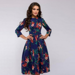 Naiste elegantne kleit Vintage tr&uuml;kkimisega peokleit, kolme neljandiku varrukatega naiste kevadkleit L sinine