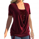 Kandiline krae, l&uuml;hikeste varrukatega, volditav &auml;&auml;ris, &uuml;hev&auml;rviline naiste T-s&auml;rk, suvised litrid, &otilde;mmeldud v&otilde;ltsitud kaheosalised topid M